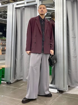 「アイテム（テーラードジャケット、レッド系）」を使った、はのやんさん（メンズ・182cm）の秋コーディネート