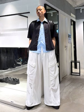 「HARE（ハレ）のシャツレイヤードシャツ(HARE)（シャツ/ブラウス、ブラック系）」を使った、はのやんさん（メンズ・182cm）の夏コーディネート