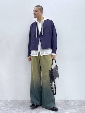 「アイテム（テーラードジャケット、パープル系）」を使った、はのやんさん（メンズ・182cm）の秋コーディネート