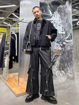 「HARE（ハレ）のダマスクガラモールニットプルオーバー(HARE)（ニット/セーター）」を使った、はのやんさん（メンズ・182cm）の冬コーディネート