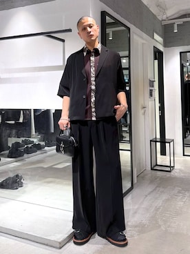 「HARE（ハレ）の【SET UP対応】TOROMIワイドパンツ(HARE)（スラックス、ブラック系）」を使った、はのやんさん（メンズ・182cm）の春コーディネート