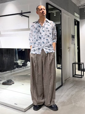 「HARE（ハレ）のシアージャガードフラワーガラシャツ(HARE)（シャツ/ブラウス、ホワイト系）」を使った、はのやんさん（メンズ・182cm）の夏コーディネート