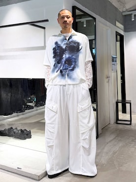 「HARE（ハレ）のフラワーアートコードシャツ(HARE)（シャツ/ブラウス、ホワイト系）」を使った、はのやんさん（メンズ・182cm）の夏コーディネート