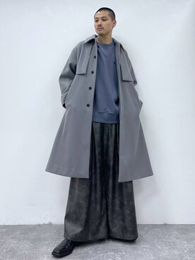 「坊主」｜「アイテム（ステンカラーコート）」を使った、はのやんさん（メンズ・182cm）の秋コーディネート