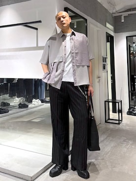 「HARE（ハレ）のジャガードプリーツフラシシャツ(HARE)（シャツ/ブラウス、グレー系）」を使った、はのやんさん（メンズ・182cm）の春コーディネート