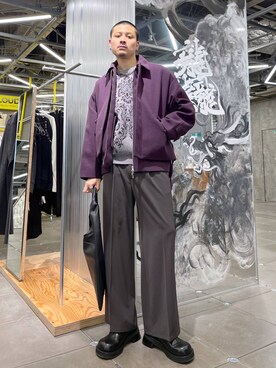 「HARE（ハレ）のダマスクガラモールニットプルオーバー(HARE)（ニット/セーター）」を使った、はのやんさん（メンズ・182cm）の冬コーディネート