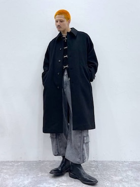 「坊主」｜「アイテム（ステンカラーコート）」を使った、はのやんさん（メンズ・182cm）の秋コーディネート