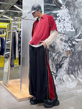 「アイテム（パンツ、レッド系）」を使った、はのやんさん（メンズ・182cm）の夏コーディネート
