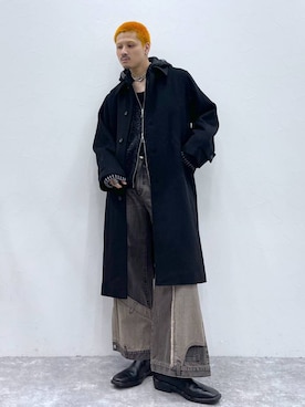 「坊主」｜「アイテム（ステンカラーコート）」を使った、はのやんさん（メンズ・182cm）の秋コーディネート
