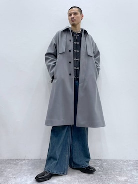 「坊主」｜「アイテム（ステンカラーコート）」を使った、はのやんさん（メンズ・182cm）の秋コーディネート