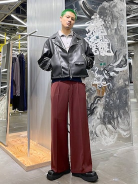 「坊主」｜「アイテム（ライダースジャケット）」を使った、はのやんさん（メンズ・182cm）の秋コーディネート