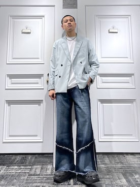 「HARE（ハレ）のアイテム（テーラードジャケット、グリーン系）」を使った、はのやんさん（メンズ・182cm）の春コーディネート
