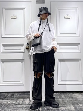 「HARE（ハレ）のリングストリングHAT(HARE)（ハット）」を使った、はのやんさん（メンズ・182cm）の春コーディネート