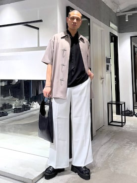 「HARE（ハレ）の【SET UP対応】TOROMIワイドパンツ(HARE)（スラックス、ホワイト系）」を使った、はのやんさん（メンズ・182cm）の春コーディネート