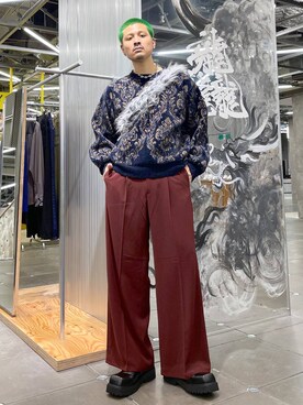 「HARE（ハレ）のダマスクガラモールニットプルオーバー(HARE)（ニット/セーター）」を使った、はのやんさん（メンズ・182cm）の秋コーディネート