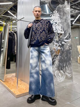 「HARE（ハレ）のダマスクガラモールニットプルオーバー(HARE)（ニット/セーター）」を使った、はのやんさん（メンズ・182cm）の冬コーディネート