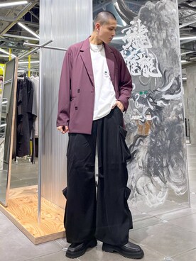 「アイテム（テーラードジャケット、レッド系）」を使った、はのやんさん（メンズ・182cm）の夏コーディネート