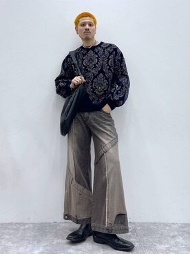 「HARE（ハレ）のダマスクガラモールニットプルオーバー(HARE)（ニット/セーター）」を使った、はのやんさん（メンズ・182cm）の秋コーディネート