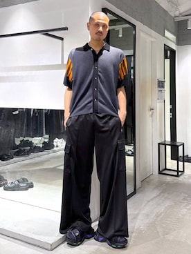 「HARE（ハレ）の【新世紀エヴァンゲリオン×HARE】カーゴラインパンツ(HARE)（カーゴパンツ、ブラック系）」を使った、はのやんさん（メンズ・182cm）の夏コーディネート