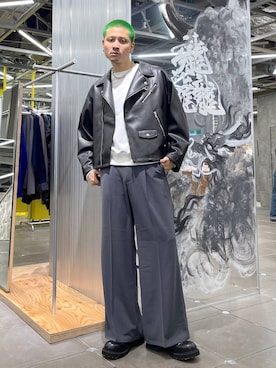「坊主」｜「アイテム（ライダースジャケット）」を使った、はのやんさん（メンズ・182cm）の秋コーディネート