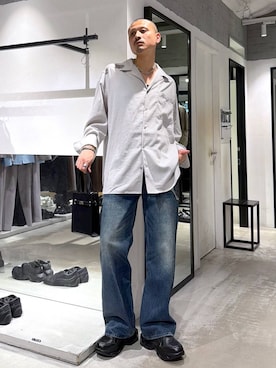 「HARE（ハレ）のルーズエアリーオープンカラーシャツ(HARE)（シャツ/ブラウス、グレー系）」を使った、はのやんさん（メンズ・182cm）の夏コーディネート
