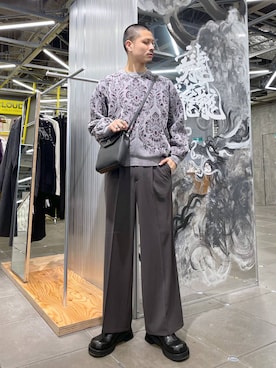 「HARE（ハレ）のダマスクガラモールニットプルオーバー(HARE)（ニット/セーター）」を使った、はのやんさん（メンズ・182cm）の冬コーディネート