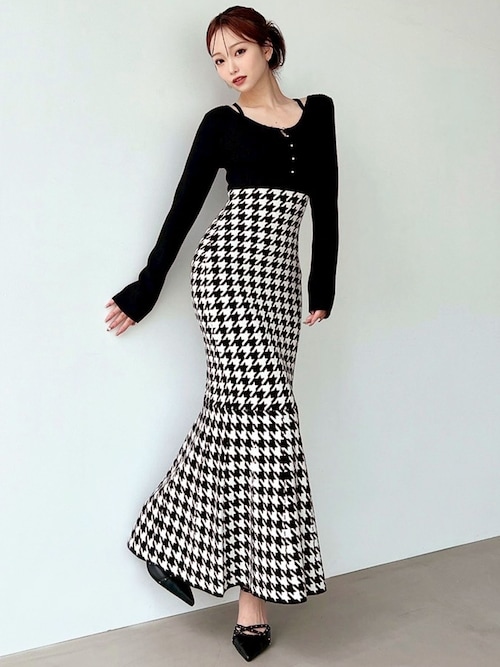 セール】ハウンドトゥースマーメイドニットワンピース（ワンピース