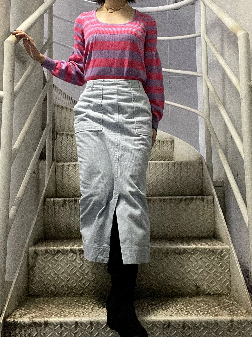 「春服デビュー宣言、休日コーデ、着回しコーデ、ピンク、ボーダーワンピース、ボーダー、ロンスカコーデ、ロングスカート、古着MIX、古着好きな人と繋がりたい」｜「Qのアイテム（ワンピース、ピンク系）」を使った、Satokoさん（レディース・159cm）の春コーディネートの1枚目の写真