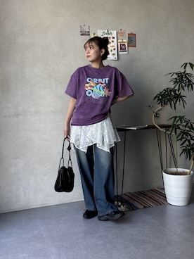 「CPCM（シーピーシーエム）のパウダー加工半袖T（Tシャツ/カットソー、パープル系）」を使った、FUKAさん（レディース・157cm）の春コーディネート