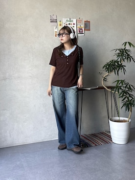 「CPCM（シーピーシーエム）のシアーヘンリーセットT（Tシャツ/カットソー、ブラウン系）」を使った、FUKAさん（レディース・157cm）の春コーディネート