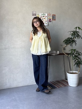 「CPCM（シーピーシーエム）のフェイクレイヤードフリルリボンベスト（シャツ/ブラウス、イエロー系）」を使った、FUKAさん（レディース・157cm）の春コーディネート