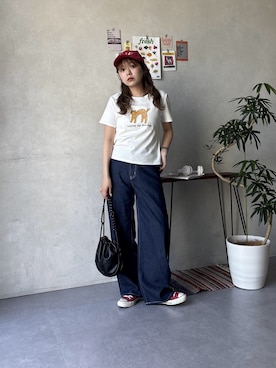 「CPCM（シーピーシーエム）のネコ刺繍T（Tシャツ/カットソー、ホワイト系）」を使った、FUKAさん（レディース・157cm）の春コーディネート