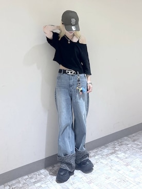 「PAGEBOY（ページボーイ）の【前後2WAY/接触冷感】マルチWAYネックアイススウェット（スウェット、ブラック系）」を使った、みはるんさん（レディース）の夏コーディネート
