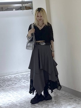 「PAGEBOY（ページボーイ）のレースアップソックスブーツ 【3サイズ展開・厚底なのに軽量】（ブーツ、ブラック系）」を使った、みはるんさん（レディース）の夏コーディネート
