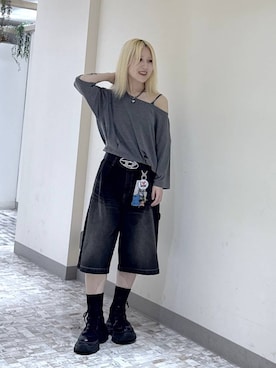 「PAGEBOY（ページボーイ）のレースアップソックスブーツ 【3サイズ展開・厚底なのに軽量】（ブーツ、ブラック系）」を使った、みはるんさん（レディース）の春コーディネート