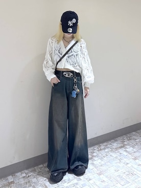 「PAGEBOY（ページボーイ）の＜まるでデニム見え！/紫外線カット/接触冷感/ストレッチ＞マルデニメガレッグパンツ（デニムパンツ、グリーン系）」を使った、みはるんさん（レディース）の夏コーディネート