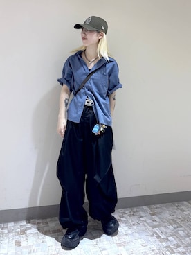 「PBLIM（ページボーイリム）の《UNISEX》チェッククロップドシャツ（シャツ/ブラウス、ブルー系）」を使った、みはるんさん（レディース）の夏コーディネート