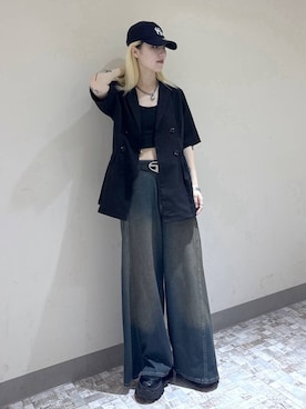 「PAGEBOY（ページボーイ）の＜まるでデニム見え！/紫外線カット/接触冷感/ストレッチ＞マルデニメガレッグパンツ（デニムパンツ、グリーン系）」を使った、みはるんさん（レディース）の夏コーディネート