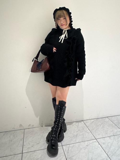 ストレッチレースアップロングブーツ 厚底 靴 冬服（ブーツ）｜jouetie