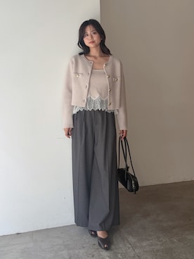 「LAGUNAMOON（ラグナムーン）のCHNラクーンヘムレースニットキャミソール（キャミソール、ベージュ系）」を使った、YUKA OTAさん（レディース・165cm）の夏コーディネート