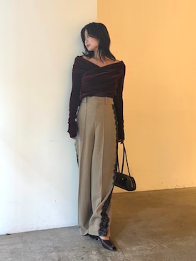 「LAGUNAMOON（ラグナムーン）のフロッキーチュールドレープトップス（Tシャツ/カットソー、レッド系）」を使った、YUKA OTAさん（レディース・165cm）の夏コーディネート