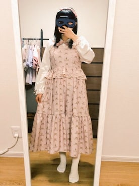 「しまむら（シマムラ）のしまみさニナス ジャンスカ ピンク（ジャンパースカート、ピンク系）」を使った、hoo♡am🐣さん（レディース・155cm）の夏コーディネート