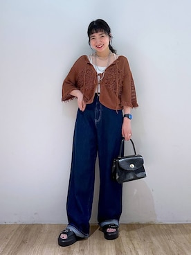 「アイテム（カーディガン/ボレロ、ブラウン系）」を使った、and.youさん（レディース・157cm）の夏コーディネート