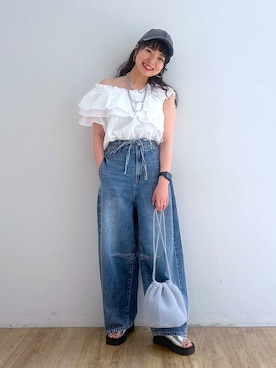 「巾着バッグ」｜「アイテム（キャップ）」を使った、and.youさん（レディース・157cm）の夏コーディネート