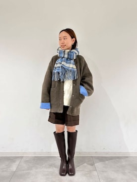 「アイテム（ノーカラーコート、ブラウン系）」を使った、hmey2698さん（レディース・155cm）の冬コーディネート