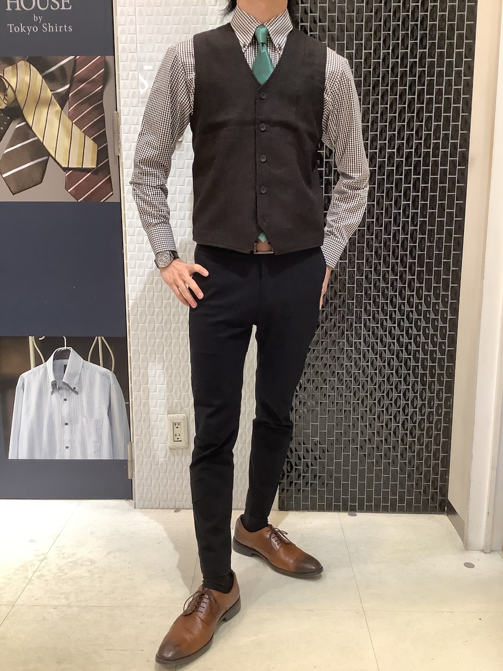 ネクタイシャツ ベスト コーデ ブラウン グリーン チェック長袖 シャツ 古着 ネクタイシャツ ベスト コーデ ブラウン グリーン チェック長袖