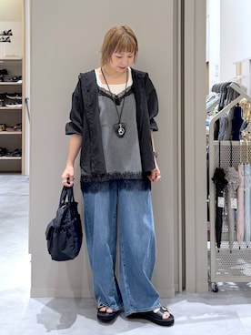 「GLOBAL WORK（グローバルワーク）のパフユーミニトート/1018043（トートバッグ、ブラック系）」を使った、kusuko1103さん（レディース・163cm）の夏コーディネート