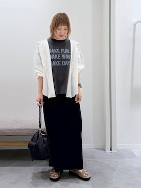 「GLOBAL WORK（グローバルワーク）のヘビロッTEEプリント半袖/636798（Tシャツ/カットソー、グレー系）」を使った、kusuko1103さん（レディース・163cm）の夏コーディネート