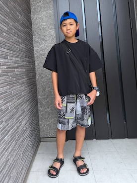 「GLOBAL WORK（グローバルワーク）のエアカルドロストプルオーバー半袖/629845（Tシャツ/カットソー、ブラック系）」を使った、kusuko1103さん（レディース・163cm）の夏コーディネート
