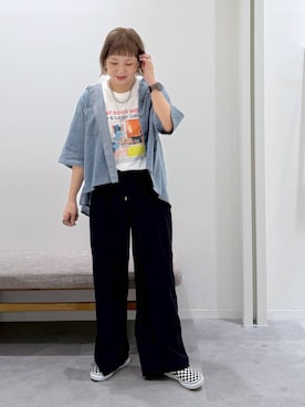 「GLOBAL WORK（グローバルワーク）のエアかるイージーワイドパンツ/636578（その他パンツ、ブラック系）」を使った、kusuko1103さん（レディース・163cm）の夏コーディネート
